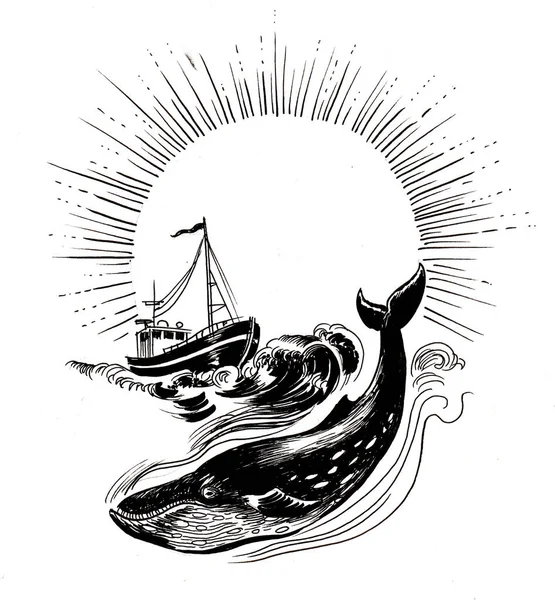 Whale Fishing Trawler Ink Black White Drawing — Stock Photo, Image