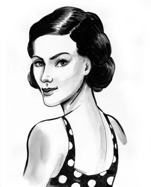 Pretty Woman Haircut Ink Black White Drawing — Stock Photo, Image