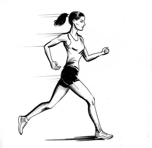 Marafon Koşan Bayan Sporcu Mürekkep Siyah Beyaz Çizim — Stok fotoğraf