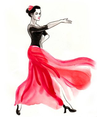 Güzel Flamenko dansçısı. Mürekkep ve suluboya resim