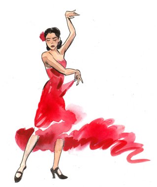 Kırmızı elbiseli güzel bir Flamenko dansçısı. Mürekkep ve suluboya çizimi