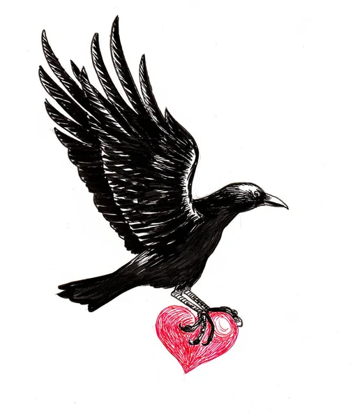 Varjú Madár Repül Vörös Emberi Szívvel Tinta Akvarell Illusztráció — Stock Fotó