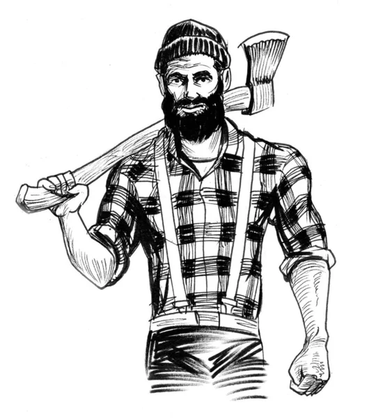 Canadian Lumberjack Ink Black White Drawing — Stock Photo, Image
