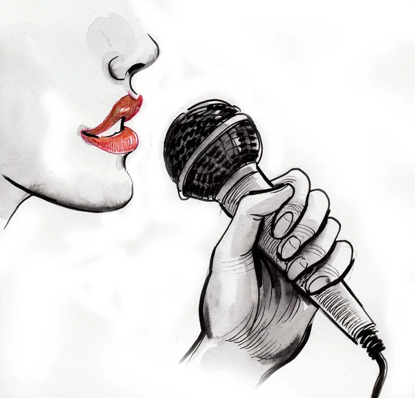 Ręka Mikrofonem Kobiecymi Ustami Ilustracja Tuszu Akwareli — Zdjęcie stockowe