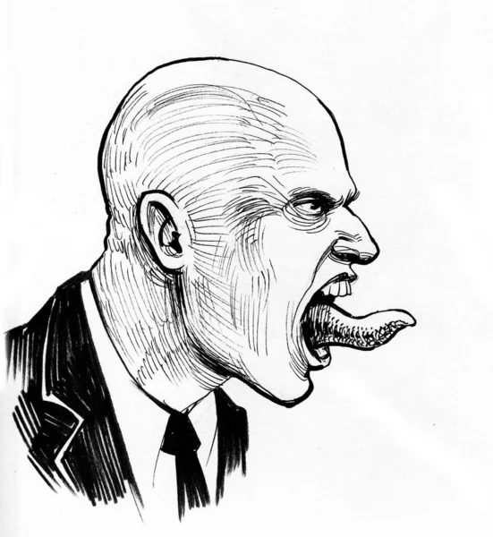 Weird bald man sticking his tongue out. Ink black and white drawing