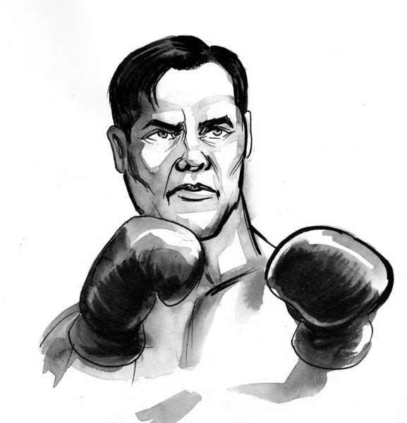 Boxing Man Ink Black White Drawing — Stock Photo, Image