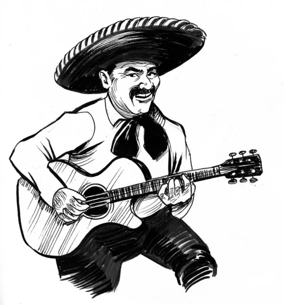Meksykański Muzyk Sombrero Kapeluszu Grający Gitarze Czarno Biały Rysunek Atramentu — Zdjęcie stockowe