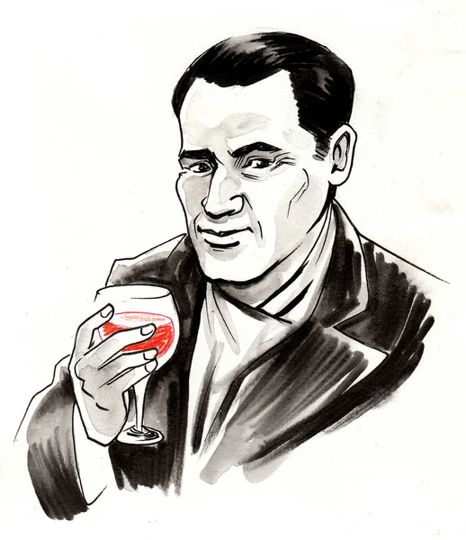 Herr Trinkt Ein Glas Rotwein Tusche Und Aquarellillustration — Stockfoto