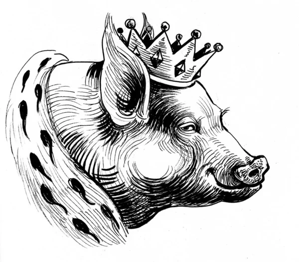 Cochon Royal Couronne Encre Dessin Noir Blanc — Photo