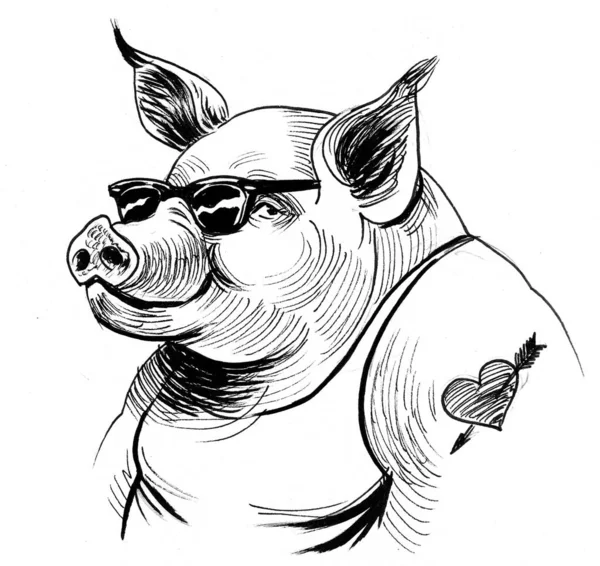 Cochon Frais Dans Des Lunettes Soleil Encre Dessin Noir Blanc — Photo