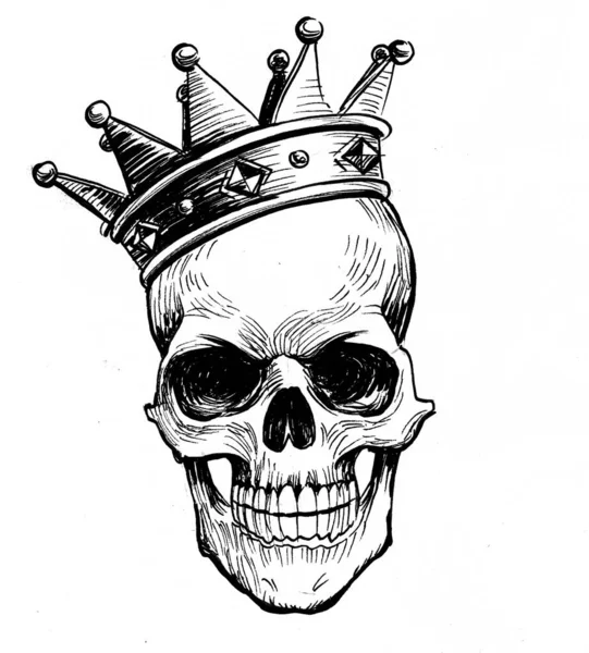 Human skull in crown. Ink black and white drawing