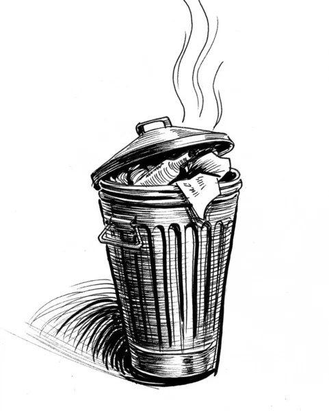 Old Stinky Trash Can Ink Black White Drawing — Stock Photo, Image