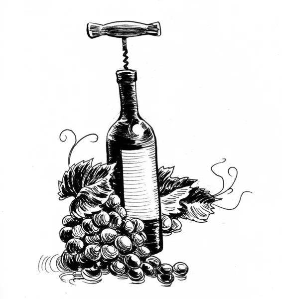 Eine Flasche Wein Und Trauben Schwarz Weiße Tuschezeichnung — Stockfoto
