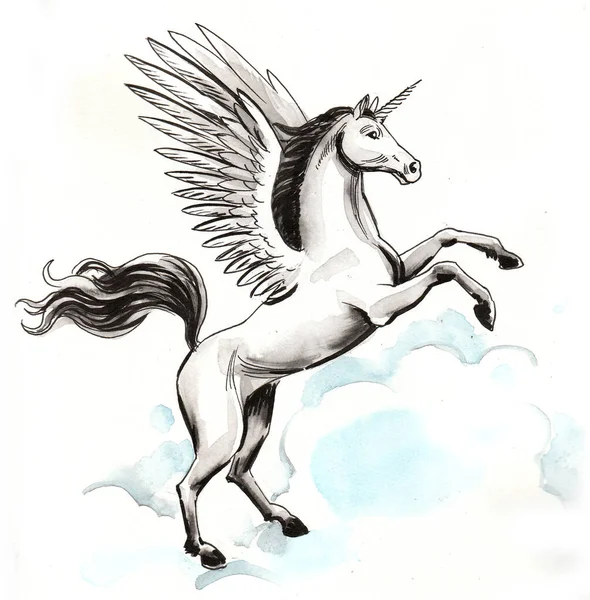 Flyvende Pegasus Blæk Akvarel Illustration - Stock-foto