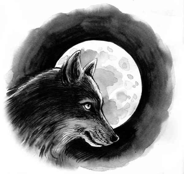 Wolf Und Mond Tusche Und Aquarellillustration — Stockfoto