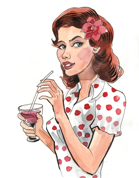 Uma Senhora Bonita Beber Cocktail Com Uma Palhinha Tinta Aquarela — Fotografia de Stock