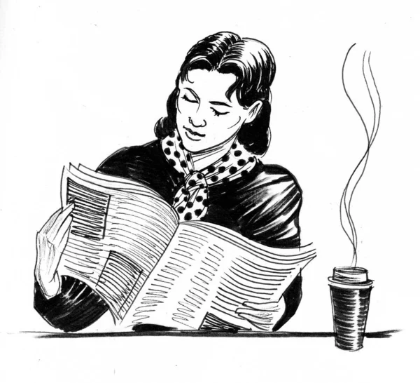Gazete Okuyan Güzel Bir Bayan Mürekkep Siyah Beyaz Çizim — Stok fotoğraf