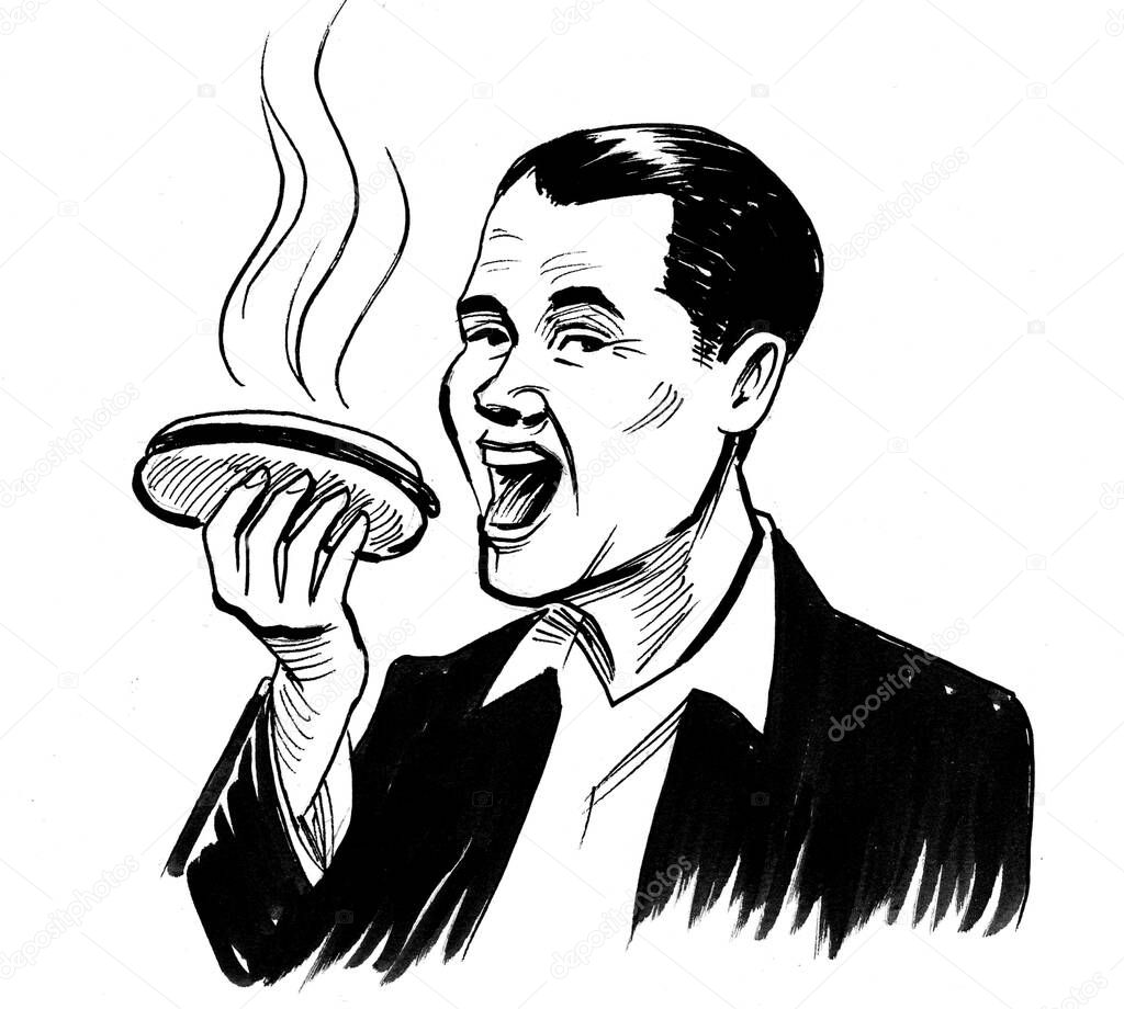 Happy man eating a hot dog. Ink black and white drawing