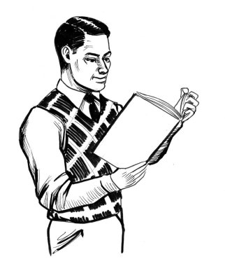 Kitap okuyan bir adam. Mürekkep siyah beyaz çizim