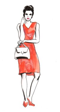 Kırmızı elbiseli, gösteriş çantalı güzel bir kadın. Mürekkep ve suluboya çizim
