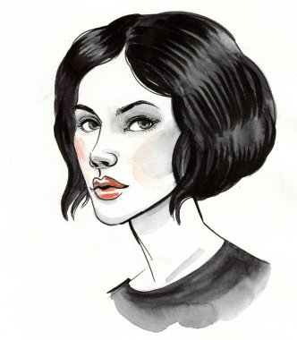 Saçlarını kestirmiş güzel esmer bir kadın. Mürekkep ve suluboya çizim