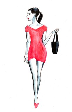 Siyah çantalı, kırmızı elbiseli güzel bir kadın. Mürekkep ve suluboya çizimi