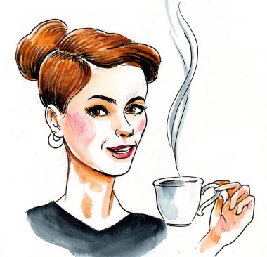 Kahveli güzel bir kadın. Mürekkep ve suluboya çizimi