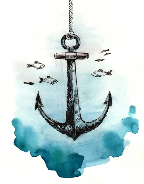 Old Anchor Sea Water Wit Fishes Ink Watercolor Drawing — Stock Photo, Image