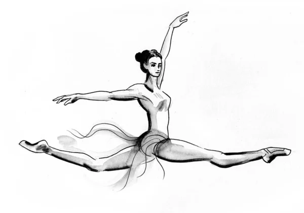 Tanzende Ballerina Schwarz Weiße Tuschezeichnung — Stockfoto