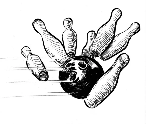 Palle Bowling Che Colpiscono Birilli Bowling Inchiostro Disegno Bianco Nero — Foto Stock