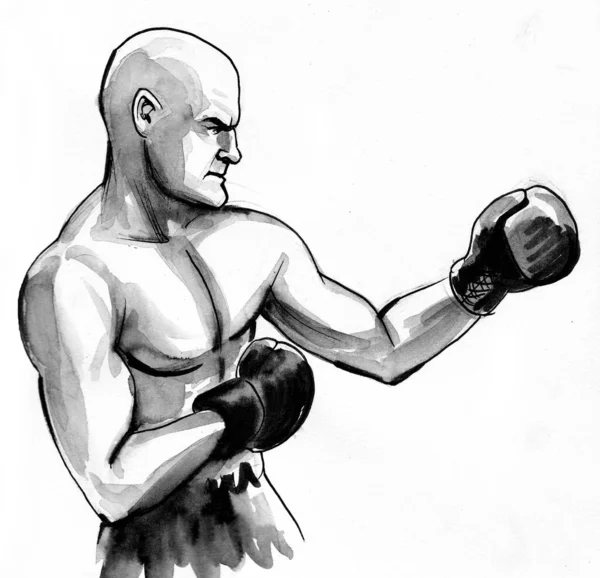 Boxing Bald Man Ink Black White Drawing — Stock Photo, Image