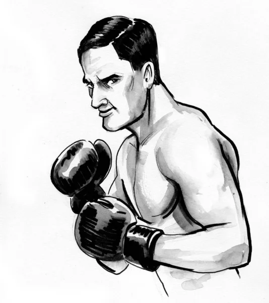 Big Strong Boxer Ink Black White Drawing — Stock Photo, Image