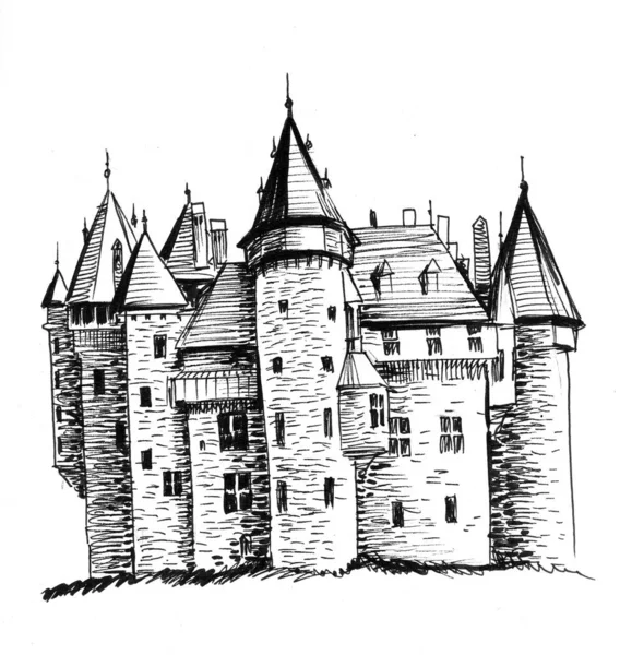 Antigo Castelo Medieval Tinta Desenho Preto Branco — Fotografia de Stock