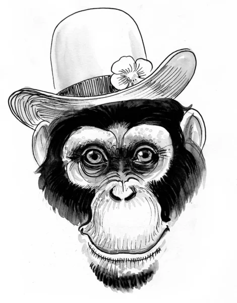 Chimpanzee Head Hat Ink Black White Drawing — Stock Photo, Image