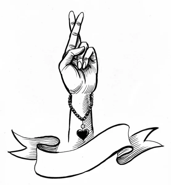 Γυναικείο Χέρι Σταυρωμένα Δάχτυλα Και Λευκό Πανό Μελάνι Ασπρόμαυρο Σχέδιο — Φωτογραφία Αρχείου