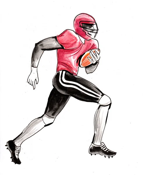 跑步的美国足球运动员 墨水和水彩画 — 图库照片