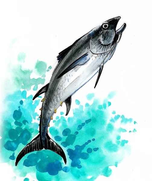 マグロの魚をジャンプします 水墨画 — ストック写真