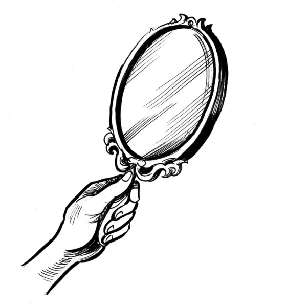 Hand Holding Mirror Ink Black White Drawing — Stock Photo, Image