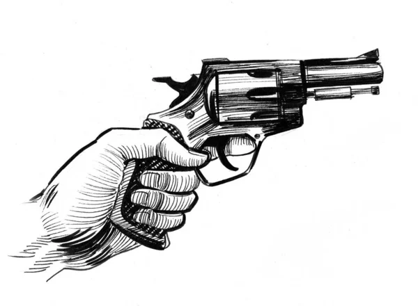 Hand Met Revolver Pistool Inkt Zwart Wit Tekening — Stockfoto