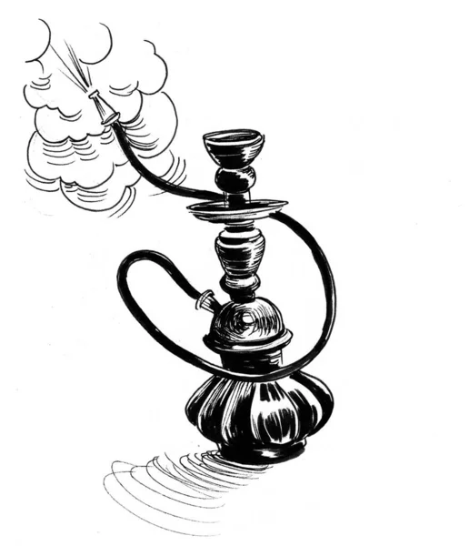 Χούκα Και Καπνός Μελάνι Ασπρόμαυρο Σχέδιο — Φωτογραφία Αρχείου