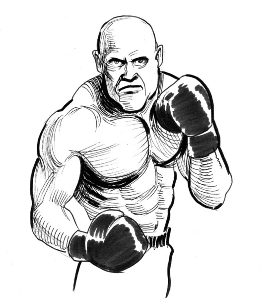 Boxeador Forte Careca Tinta Desenho Preto Branco — Fotografia de Stock