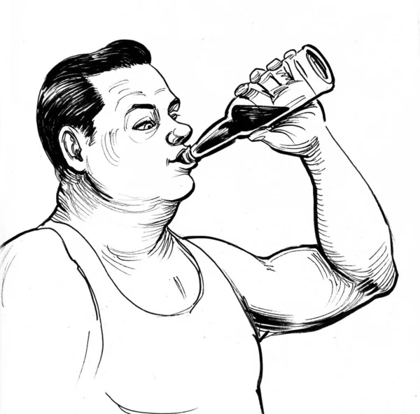 Übergewichtiger Mann Trinkt Bier Aus Der Flasche Schwarz Weiße Tuschezeichnung — Stockfoto