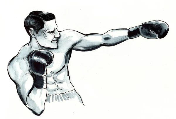 Boxing man. Ink and watercolor drawing