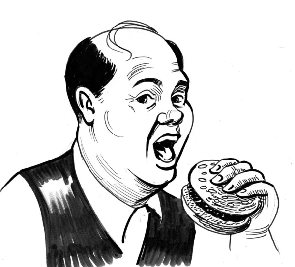 Bald Overweight Man Biting Hot Dog Ink Black White Drawing — Stock Photo, Image