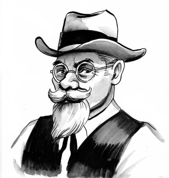Gentleman Beard Hat Glasses Ink Black White Drawing — Stock Photo, Image