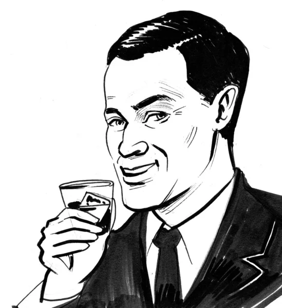 Snygg Man Som Dricker Ett Glas Whisky Bläck Svart Och — Stockfoto