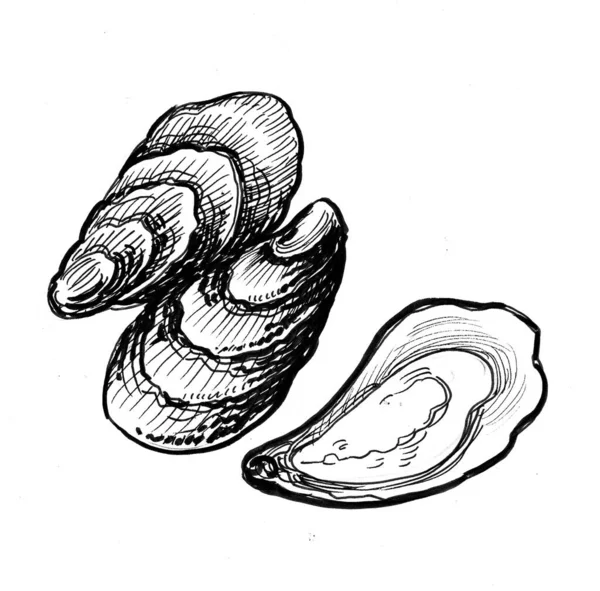 Austern Schwarz Weiße Tuschezeichnung — Stockfoto
