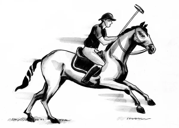 Polo Player Riding Horse Ink Black White Drawing — Stock Photo, Image