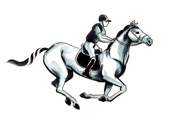 Jokey Rider Häst Bläck Och Akvarell Illustration — Stockfoto