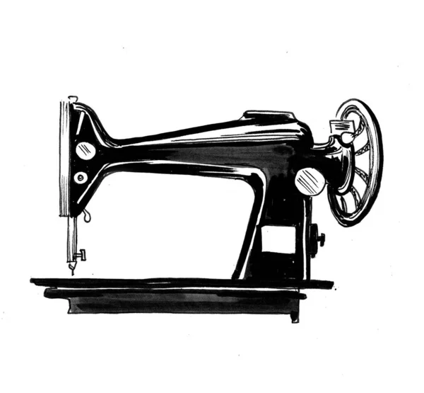 Retro Dikiş Makinesi Mürekkep Siyah Beyaz Çizim — Stok fotoğraf